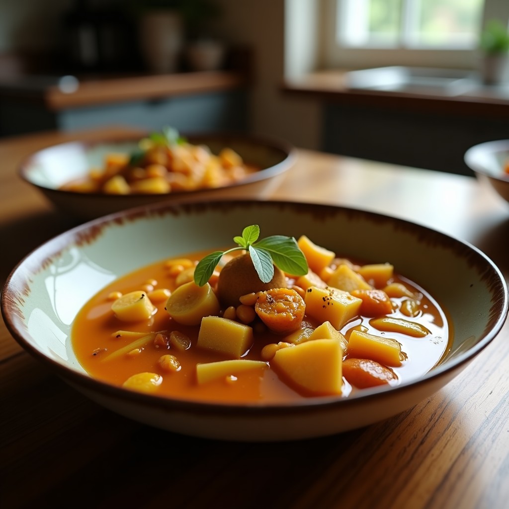 Plato hondo de cerámica blanca con curry de verduras y coco, espeso y cremoso, lleno de trozos de calabaza, zanahoria y pimiento rojo, decorado con cilantro fresco y rodajas de limón, sobre un fondo rústico de madera.
