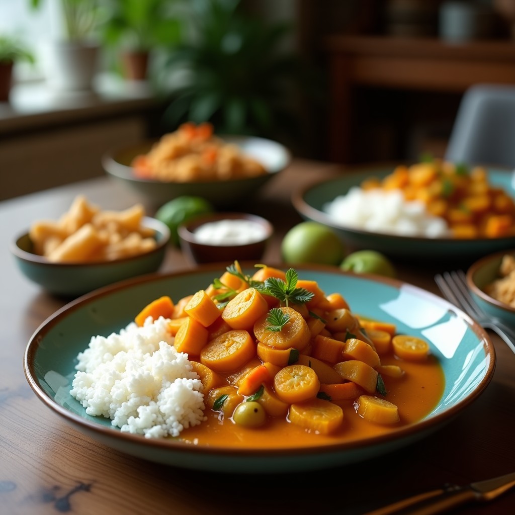 Plato hondo de barro con curry de verduras y coco, con rodajas de zanahoria, calabaza y pimiento rojo en salsa cremosa amarilla, decorado con cilantro fresco y coco rallado tostado. Receta en ollas superpuestas.