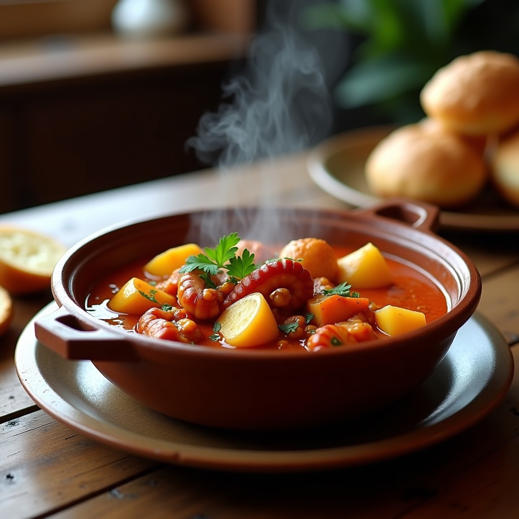 Cazuela de barro humeante con curry vermello galego, trozos de pulpo tierno, patatas doradas y salsa roja cremosa, decorado con perejil fresco.