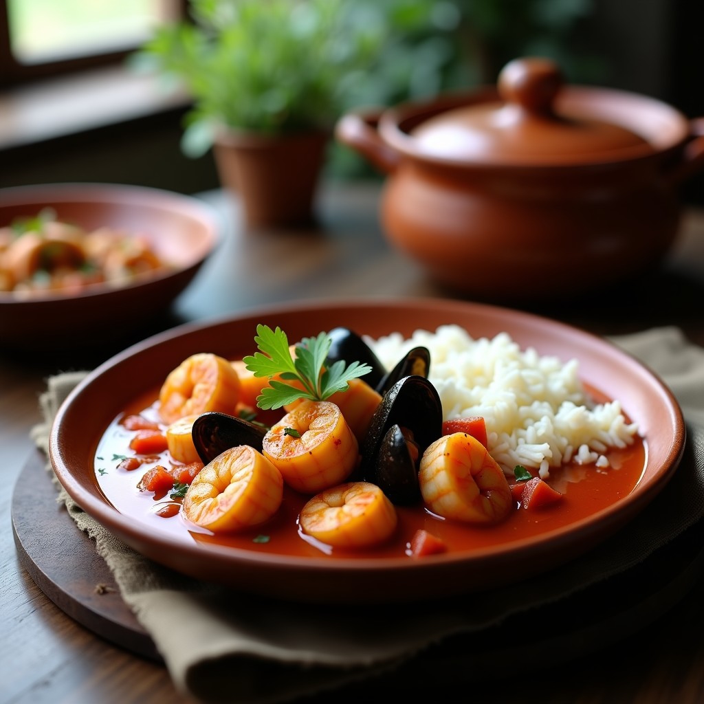 Cazuela de barro con curry vermello galego espeso, lleno de trozos de merluza, gambas y mejillones, en salsa roja con especias, servido con arroz basmati y perejil fresco.