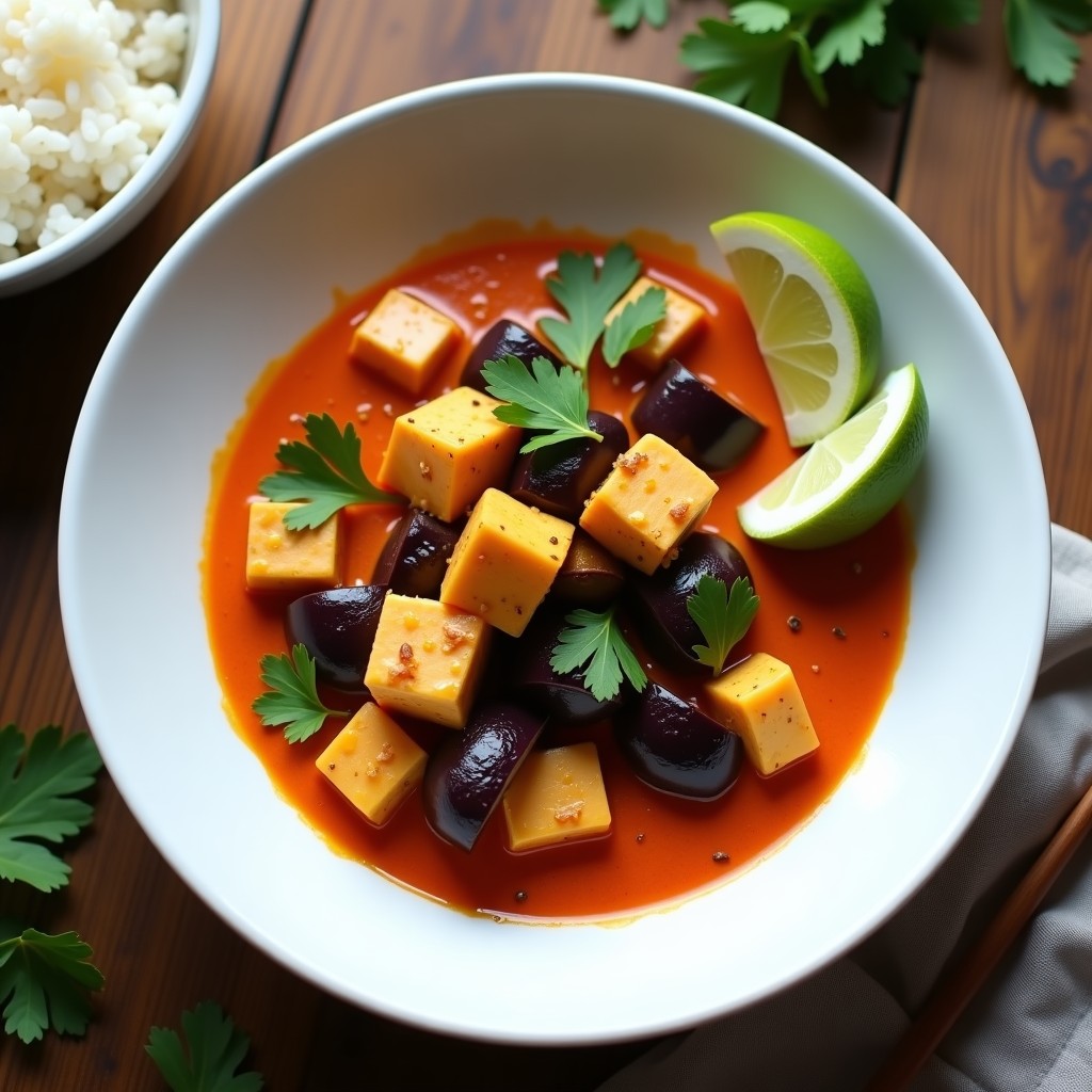 Bol de cerámica blanca con curry thai de berenjena y tofu en salsa cremosa de leche de coco, decorado con cilantro fresco y rodajas de limón, servido con arroz basmati.