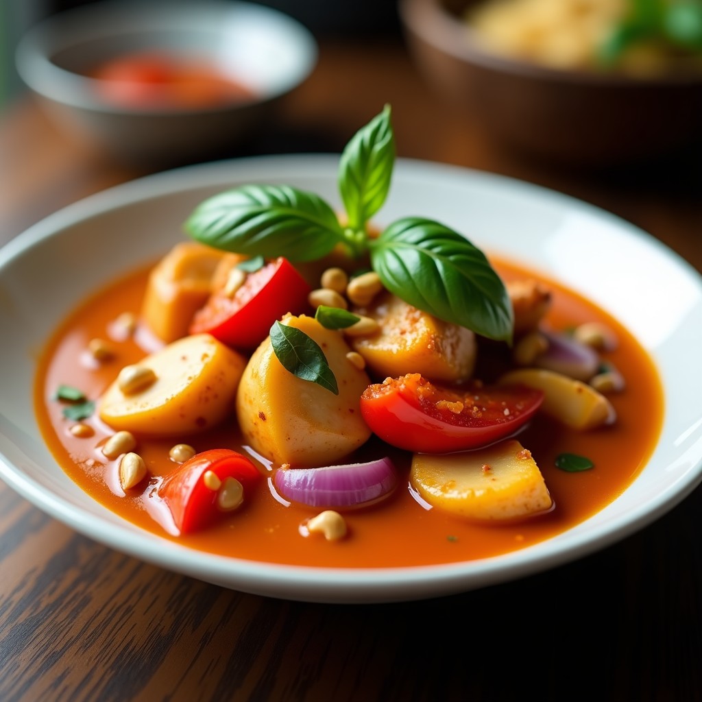 Plato hondo de cerámica blanca con curry thai de pollo al verniz agrio, trozos de pollo dorado, pimientos rojos y cebolla morada en salsa cremosa de leche de coco, decorado con albahaca fresca y cacahuetes tostados. Receta en airfryer.