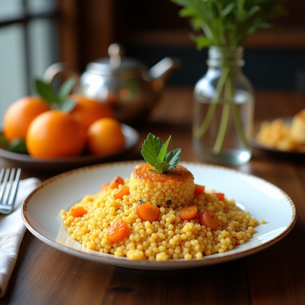 Plato de cuscús integral esponjoso con zanahorias, cebolla morada y almendras, coronado con rodajas de naranjas sangre caramelizadas y espolvoreado con berbérisco. Receta marroquí auténtica y colorida.