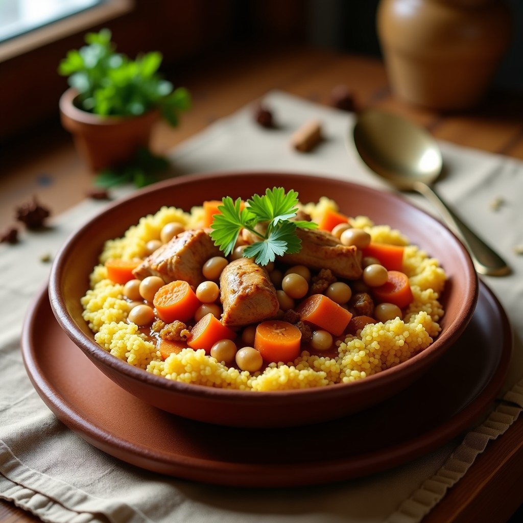 Plato hondo de barro con cuscús bereber esponjoso, cubierto de guiso de pollo dorado, zanahorias, garbanzos, pasas y almendras, decorado con cilantro fresco. Receta tradicional de cocina árabe.