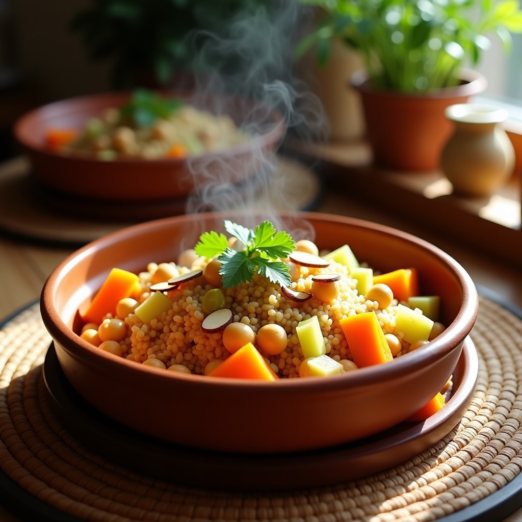 Plato hondo de barro con cuscús marroquí vegano, garbanzos, zanahoria, calabaza y almendras, decorado con cilantro fresco, receta tradicional en olla lenta.