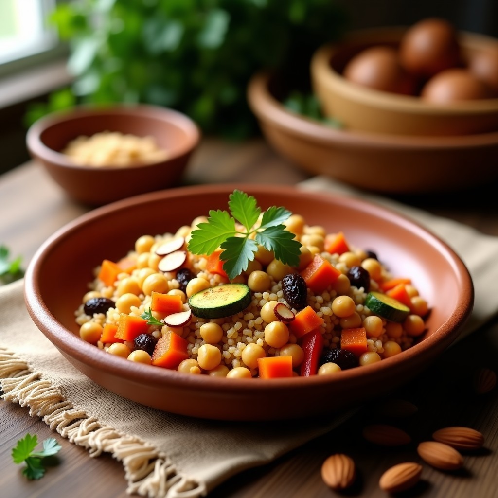 Plato hondo de barro lleno de cuscús marroquí vegano con garbanzos, verduras coloridas, pasas y almendras tostadas, decorado con cilantro fresco.
