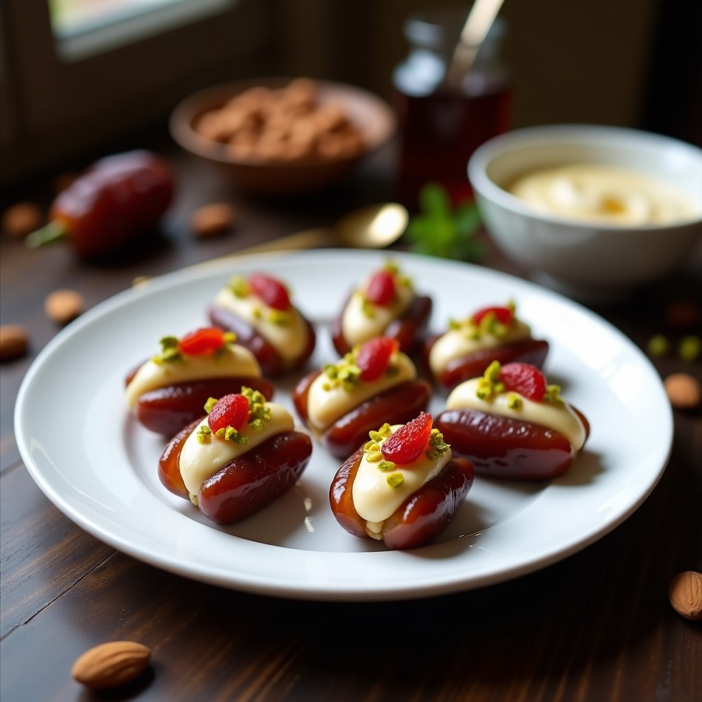 Plato blanco con dátiles Medjool abiertos rellenos de queso cremoso de almendras, decorados con semillas de granadilla y pistachos picados, postre árabe sin azúcar y sin lácteos.