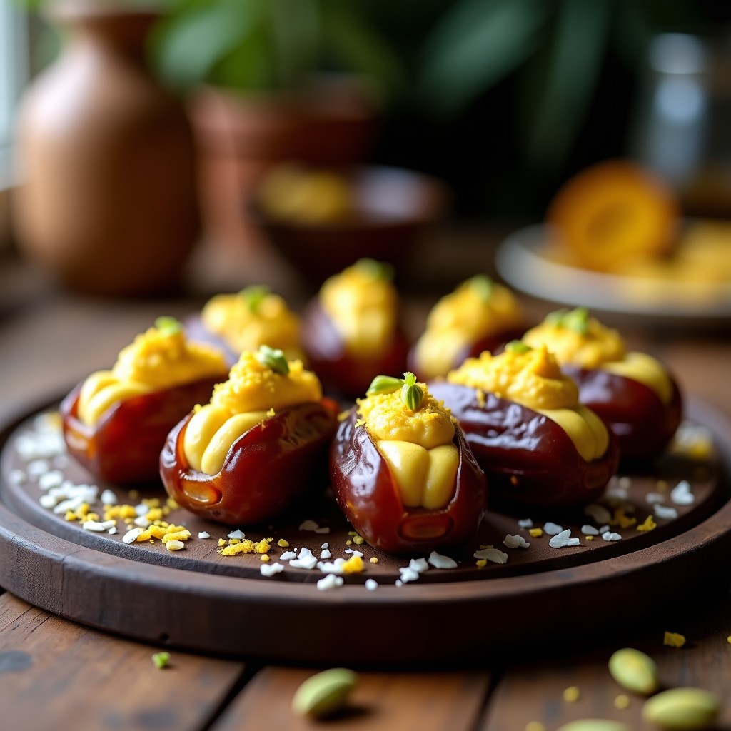 Dátiles Medjool abiertos rellenos de una crema amarilla de queso de almendras y cúrcuma, espolvoreados con coco rallado, sobre un plato de cerámica blanca con fondo de madera rústica.