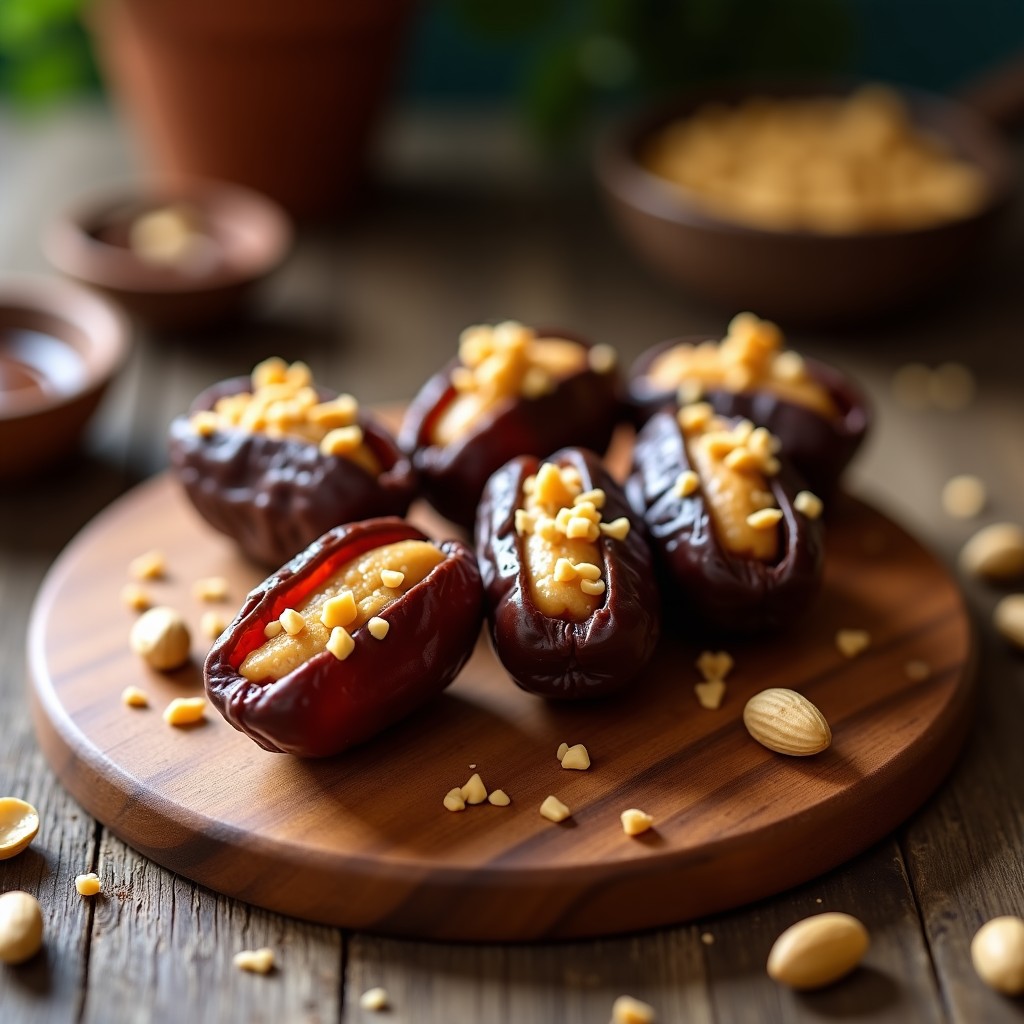 Dátiles Medjool abiertos rellenos de crema de cacahuete, bañados en chocolate negro 90% y espolvoreados con cacahuetes picados, sobre papel de horno blanco. Postre keto sin azúcar con textura brillante y apetecible.