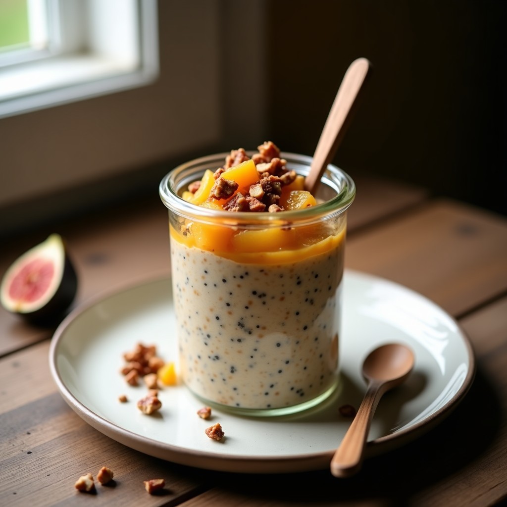 Bol de desayuno con avena nocturna cremosa, semillas de chía negras y doradas, compota de higos morados y trozos de nueces, servido en un plato de cerámica blanca sobre fondo rústico de madera.