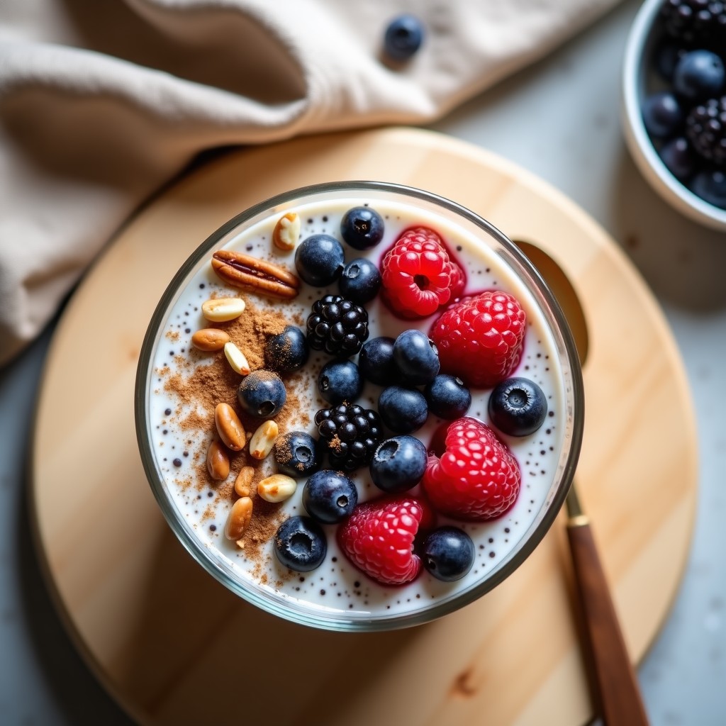 Bowl de vidrio transparente con desayuno de chía y yogur de soja, cubierto de frutos del bosque frescos (arándanos, frambuesas) y nueces pecanas picadas, espolvoreado con canela, sobre fondo de madera clara y tela lino beige.