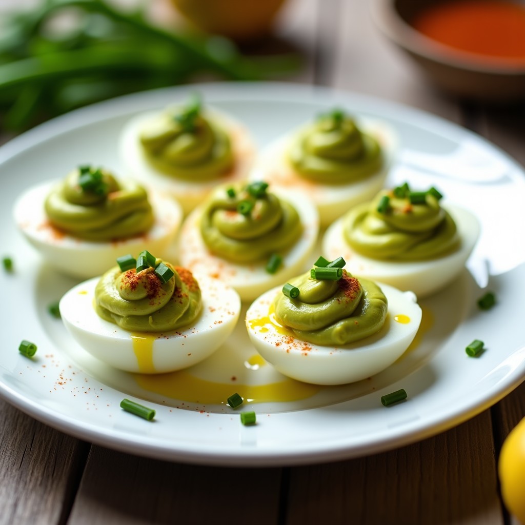 Plato blanco con 6 mitades de deviled eggs rellenas de crema verde de aguacate y yema, decoradas con pimentón ahumado y cebollino picado, servidas en bandeja de madera rústica.