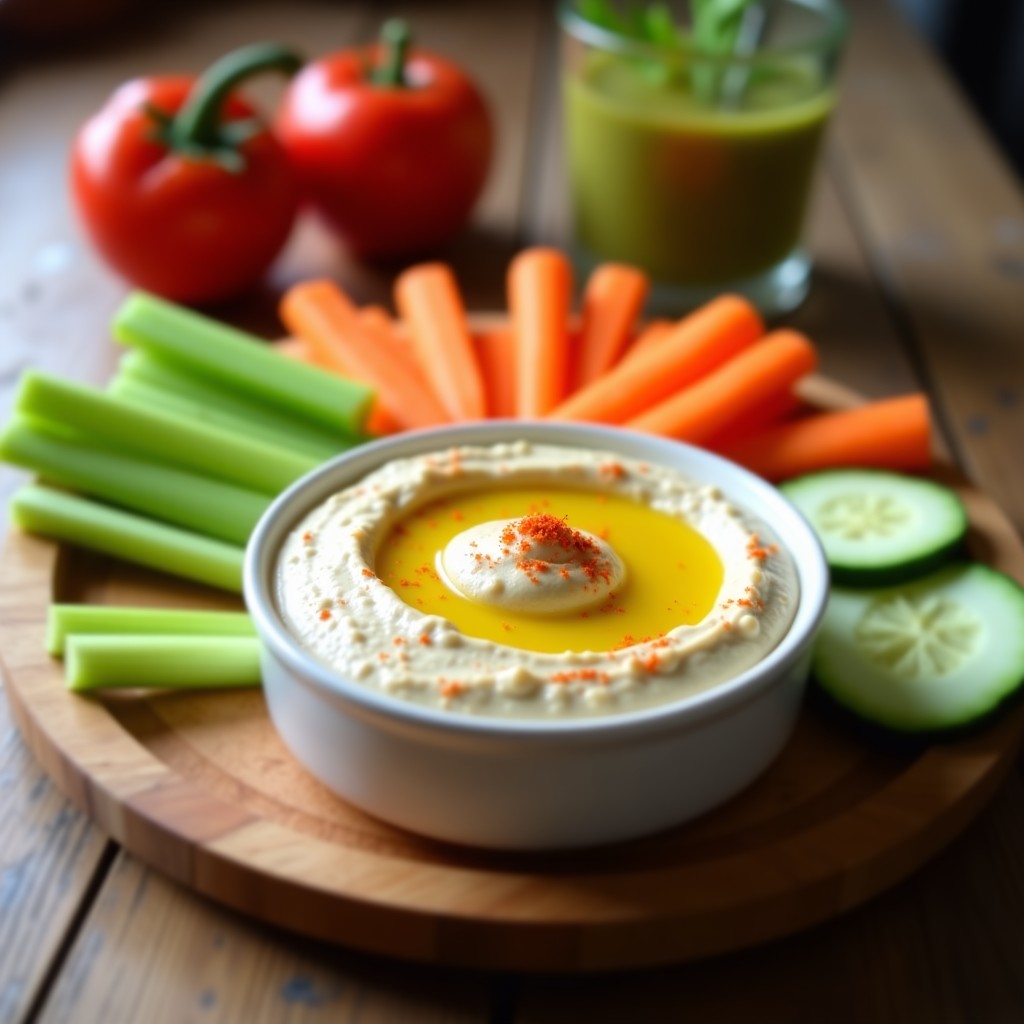 Bol de cerámica blanca con dip de anacardos y pimentón de la Vera, cremoso y de color beige con vetas rojizas, rodeado de crudités de zanahoria, apio y pepino en trozos. Decorado con un hilo de aceite de oliva y una pizca de pimentón de la Vera espolvoreado por encima. Fondo de madera rústica con luz natural.