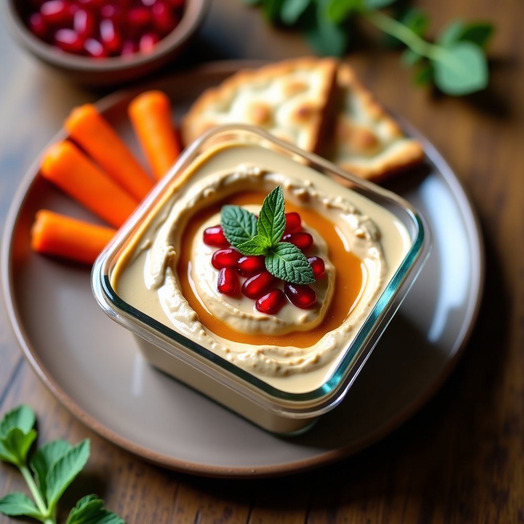 Dip cremoso de berenjena asada y tahini en un tupper de cristal, decorado con granos de granada rojos brillantes y hojas de hierbabuena fresca, sobre una mesa de madera rústica con pan de pita tostado al lado.