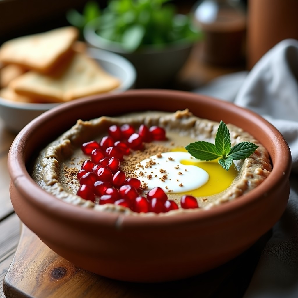 Dip cremoso de berenjena asada con granos de granada rojos brillantes y yogur griego, servido en un plato de barro rústico con un hilo de aceite de oliva y semillas de comino espolvoreadas, receta tradicional turca de 3 ingredientes.