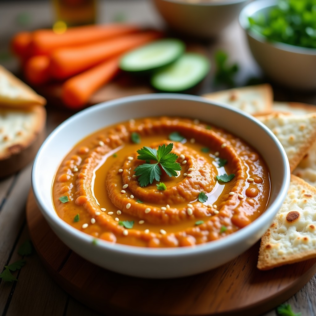 Bol de cerámica blanca con dip de lentejas rojas cremoso, decorado con perejil fresco y semillas de sésamo tostadas, acompañado de pan de pita y bastones de zanahoria. Receta árabe alta en proteína con comino y limón.