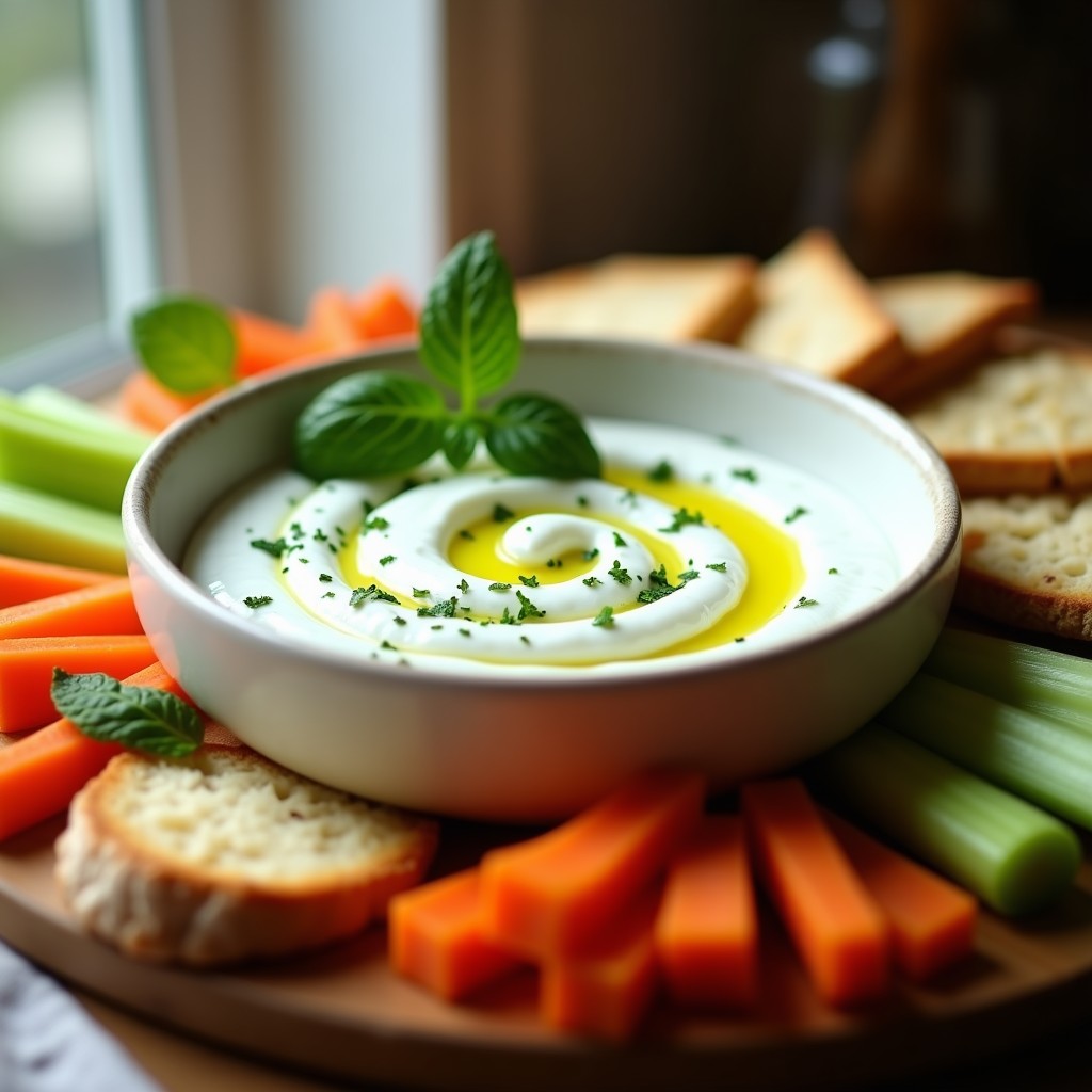 Dip cremoso de yogur griego con mentolado y pepino servido en un bol de cerámica blanca, rodeado de bastones de apio, zanahoria y pan de pita tostado. El dip tiene un color blanco con toques verdes de menta y trozos de pepino visible, decorado con un hilo de aceite de oliva y hojas de menta fresca.