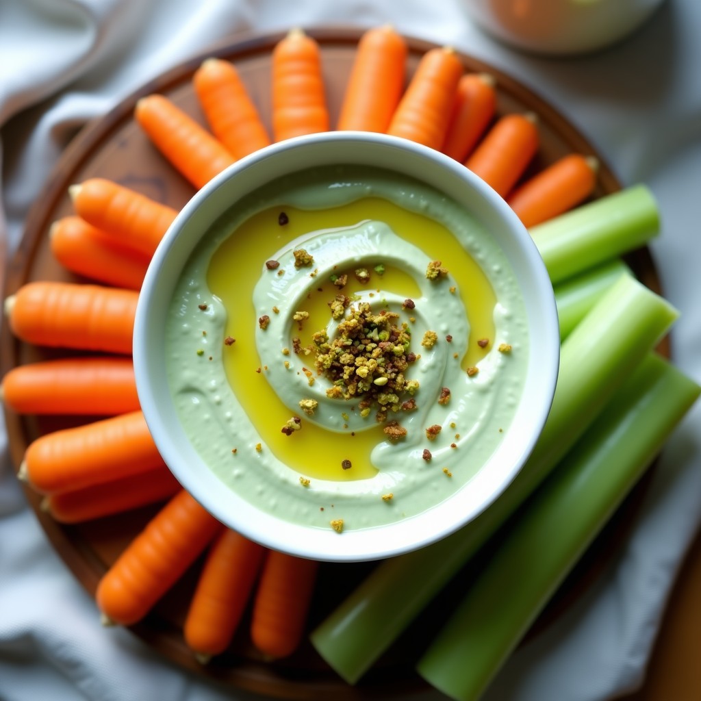 Bol de cerámica blanca con dip cremoso de yogur griego y rúcula, decorado con aceite de pistacho brillante y pistachos triturados. Acompañado de bastones de zanahoria y apio sobre una tabla de madera rústica.