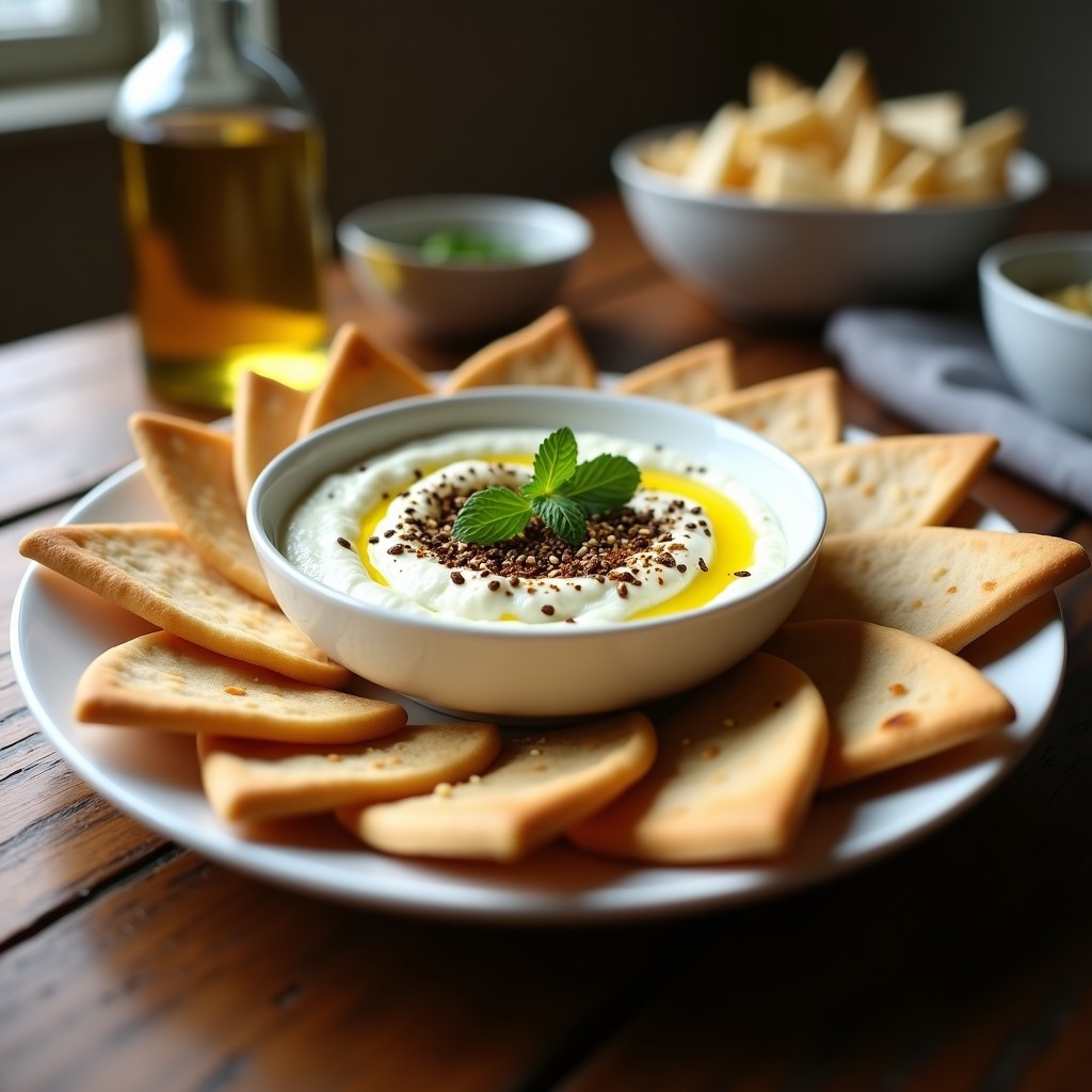 Bol de cerámica blanca con dip cremoso de yogur griego y za’atar, decorado con aceite de oliva, semillas de sésamo y menta fresca. Acompañado de triángulos de pan de pita integral tostado y dorado. Receta libanesa fácil y rápida.