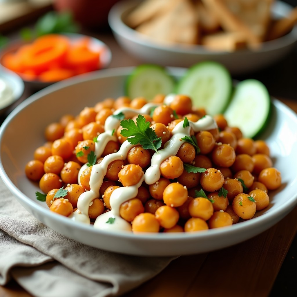 Bol de cerámica blanco con dip de garbanzos asados y especias Ras el Hanout, espolvoreado con perejil fresco y semillas de sésamo, acompañado de pan de pita y bastones de zanahoria. Plato de aperitivo marroquí crujiente y cremoso.