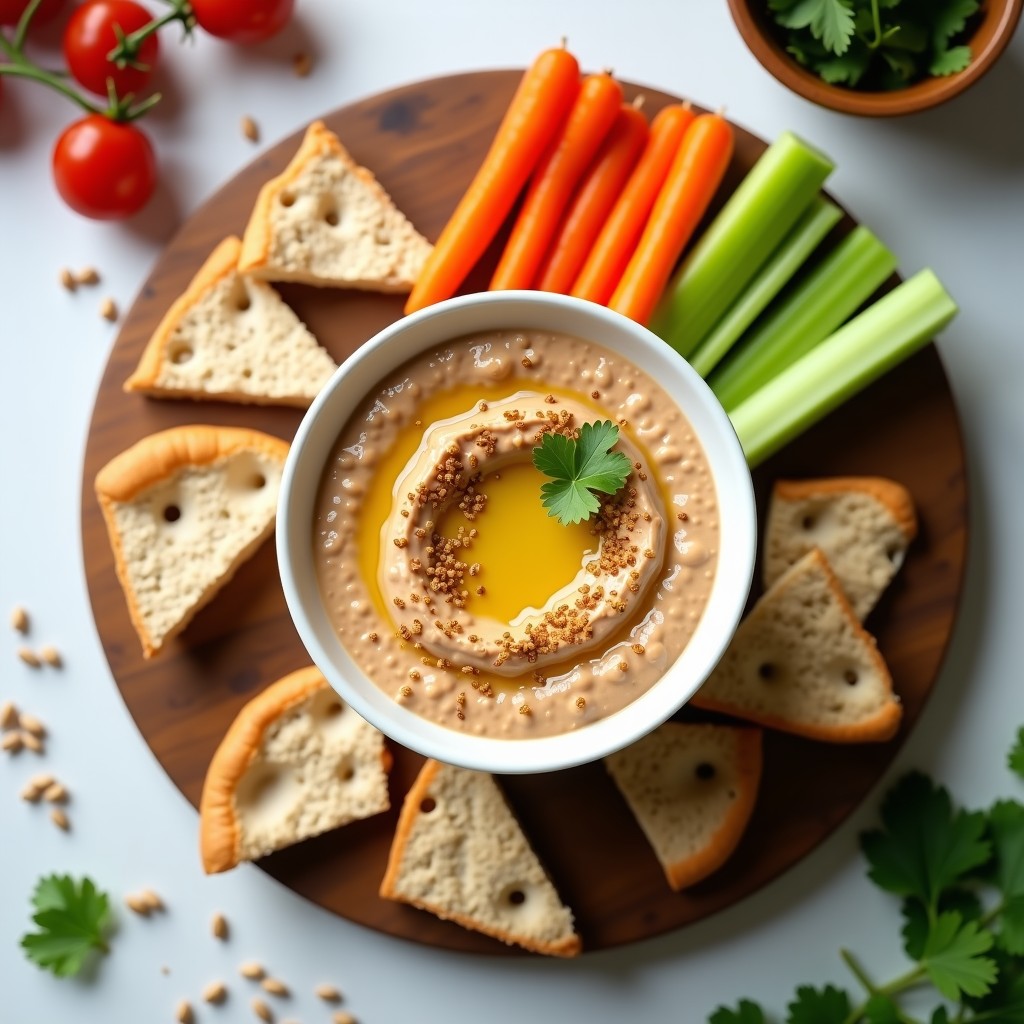 Bol de cerámica blanca con dips de lentejas rojas y comino, decorado con semillas de comino y un hilo de aceite de oliva. Acompañado de pan de pita tostado y bastones de zanahoria y apio sobre una tabla de madera rústica.