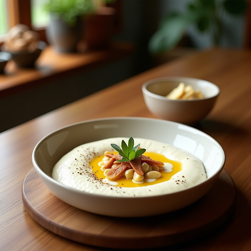 Dip cremoso de yogur griego en cuenco de cerámica blanca, espolvoreado con zaatar, semillas de sésamo y hojas de menta fresca. Un hilo de miel dorada y aceite de oliva decora la superficie. Acompañado de pan de pita tostado y bastones de apio y zanahoria. Fondos borrosos con texturas rústicas de madera.