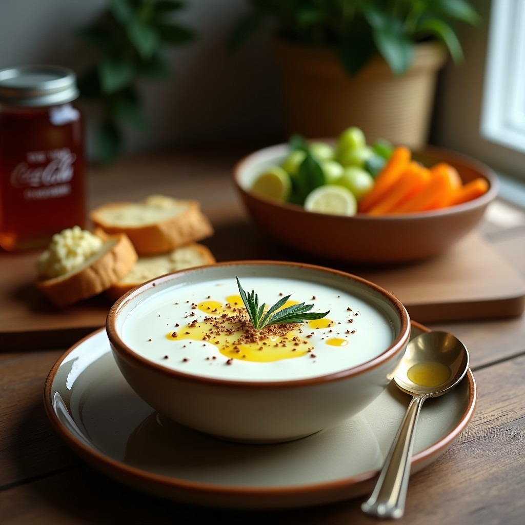 Plato blanco rústico con dips de yogur griego cremoso, espolvoreado con zaatar y semillas de sésamo tostadas, decorado con un hilo de aceite de oliva virgen extra y hojas de menta fresca. Acompañado de pan de pita y bastones de zanahoria.