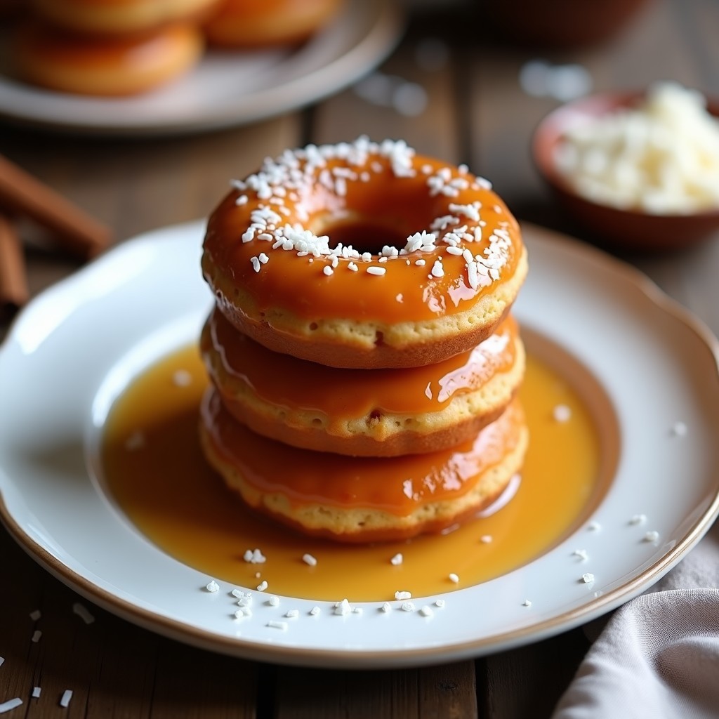 Donas doradas y esponjosas de boniato y canela con glaseado brillante de dátiles, servidas en un plato de madera rústico con un toque de canela espolvoreada.
