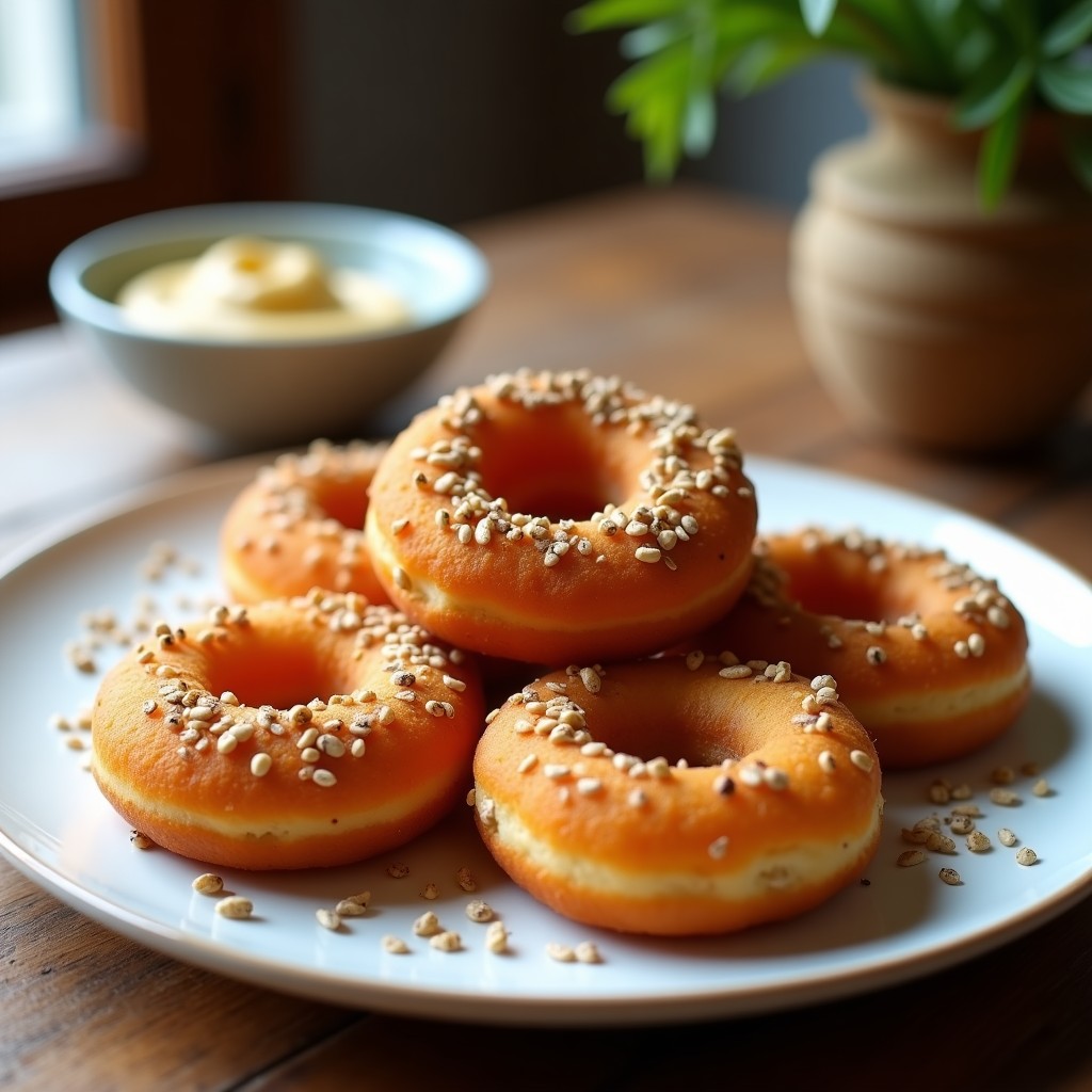 Donas doradas y crujientes de harina de garbanzo espolvoreadas con zaatar y semillas de sésamo, servidas en un plato de cerámica blanca con fondo de madera rústica, receta keto libanesa en airfryer.