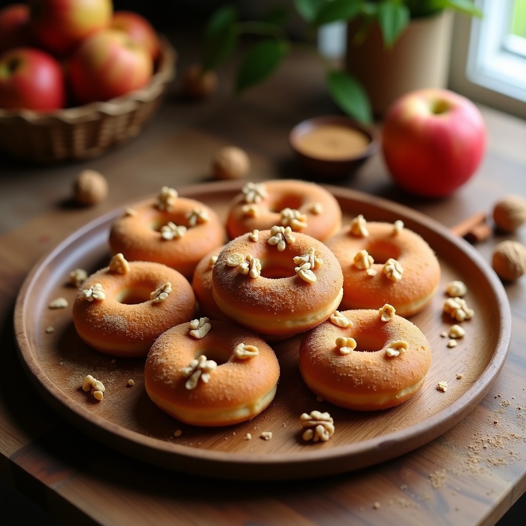 Donuts dorados de avena y compota de manzana sin freír, con textura esponjosa y decorados con nueces picadas y un hilo de compota de manzana, sobre una bandeja de madera rústica.