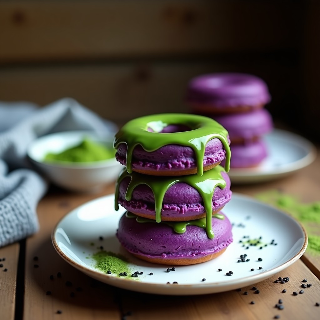 Donuts veganos sin harina de color morado intenso con glaseado verde esmeralda de matcha, apilados en un plato blanco. Textura esponjosa y glaseado brillante, decorados con semillas de sésamo negro. Receta de postre vegano en Thermomix.