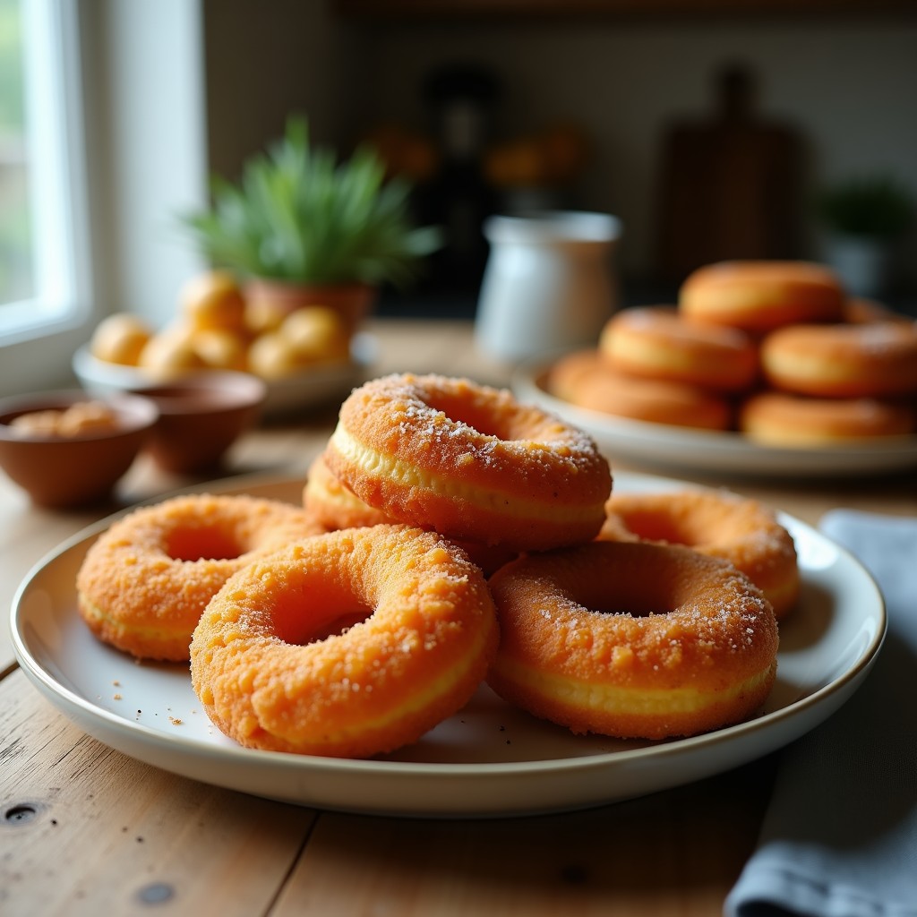 Donuts veganos de garbanzo y calabaza en airfryer, dorados y esponjosos, con glaseado ligero de canela y decorados con nueces pecanas picadas, sobre una tabla de madera rústica.
