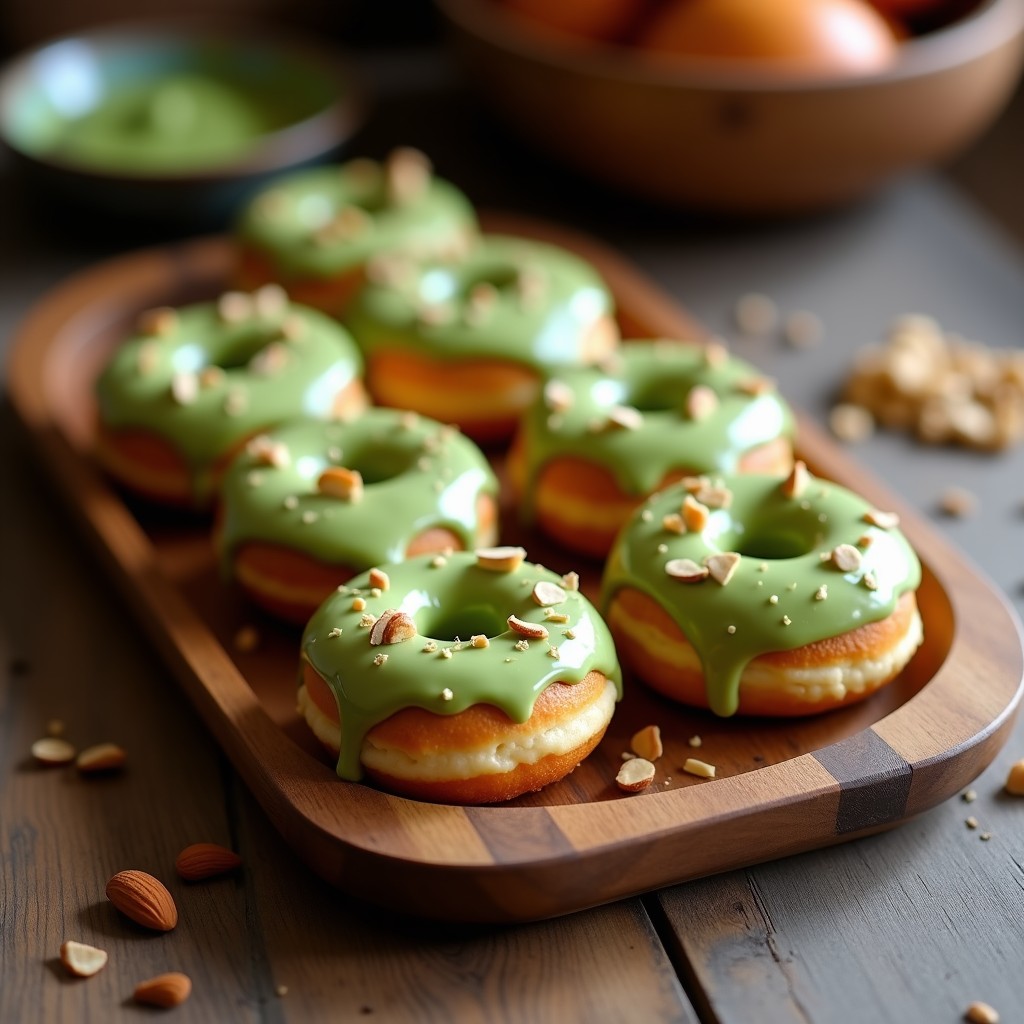 Donuts keto de harina de almendra con glaseado verde de matcha, dispuestos en una bandeja de madera rústica con fondo desenfocado. Textura esponjosa y glaseado brillante, decorados con almendras fileteadas. Postre sin azúcar y bajo en carbohidratos.
