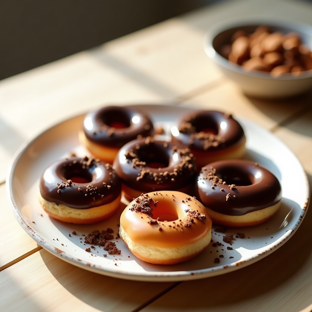 Donuts keto sin horno con harina de almendra y proteinada de vainilla, glaseados con chocolate negro 90% y decorados con ralladura de chocolate, sobre papel de horno blanco.