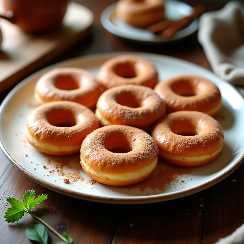 Donuts dorados y esponjosos de harina de garbanzo y canela en airfryer, espolvoreados con azúcar glass y canela, servidos en un plato blanco rústico con fondo de madera.