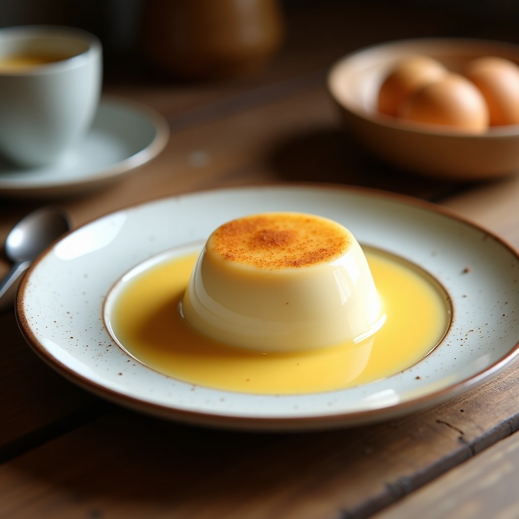 Frasco de vidrio transparente lleno de dulce de leche keto de color dorado claro, con textura cremosa y brillante, servido sobre una cucharita de madera. Fondo rústico con detalles argentinos como un mate y una banderita.