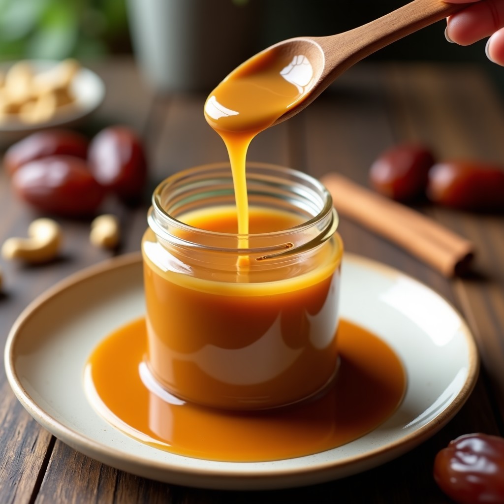Tarros de vidrio transparentes llenos de dulce de leche vegano de dátiles y anacardos, con textura cremosa y color caramelo oscuro, sobre una mesa de madera rústica con dátiles y anacardos esparcidos alrededor.