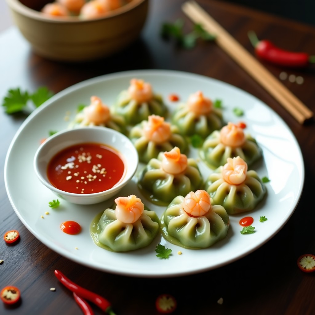 Plato blanco con dumplings de calabacín y gambas al vapor, dispuestos en círculo y acompañados de una salsa roja de chile y ajo en un bol pequeño. Decorados con hojas de coriandro fresco y rodajas de chile. Receta china tradicional y saludable.