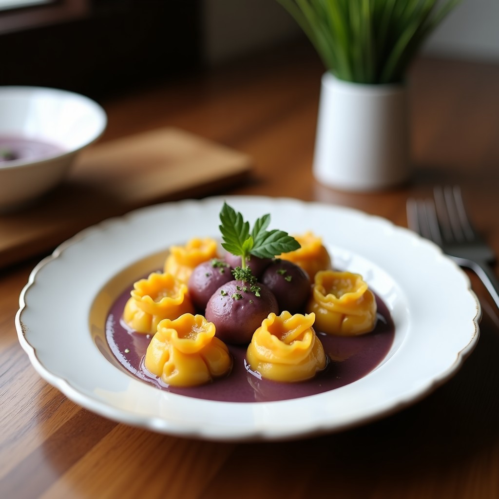 Dumplings tailandeses de camote morado y jengibre al vapor, servidos en un plato de bambú con semillas de sésamo tostadas y hojas de cilantro fresco. Receta vegana y sin gluten en Thermomix.