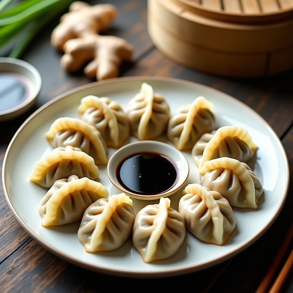 Dumplings veganos al vapor de champiñones y cebolla morada, dispuestos en vaporera de bambú sobre fondo oscuro, con cilantro fresco y salsa de soja al lado.