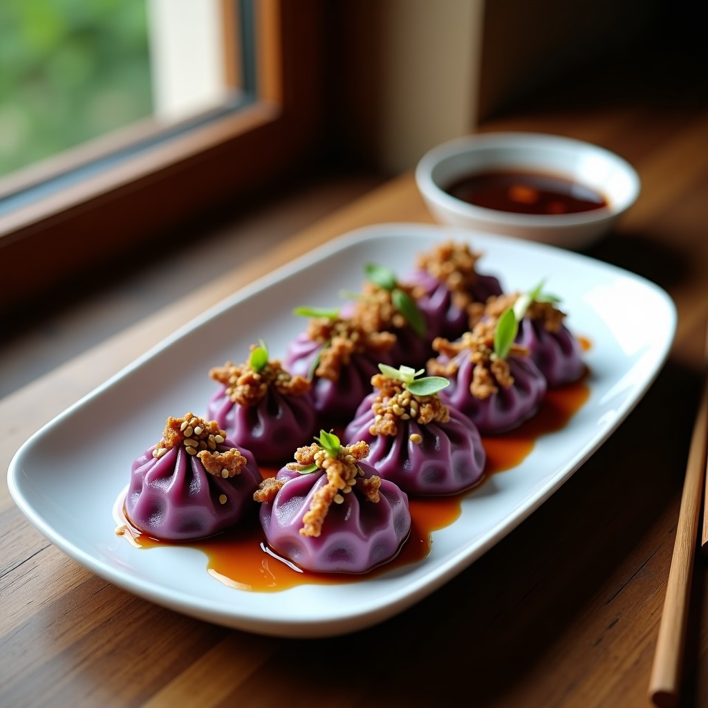 Plato blanco con dumplings de col morada y tofu ahumado vegano al vapor, de color morado intenso, dispuestos en círculo y acompañados de salsa de sésamo y soja en un bol pequeño. Decorados con semillas de sésamo tostadas y hojas de cilantro fresco.