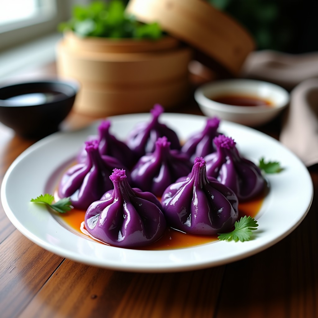 Plato blanco con dumplings de col morada rellenos de tofu y cacahuete al vapor, servidos con salsa de soja y espolvoreados con cacahuetes tostados y semillas de sésamo. Fondo borroso con vapor y hojas de col morada.