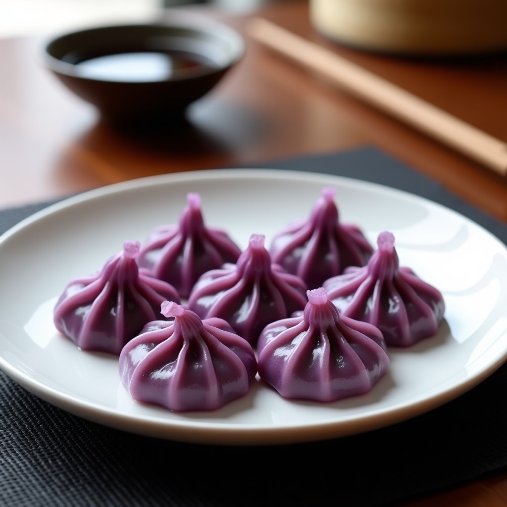 Dumplings al vapor de col morada y tofu sin gluten, servidos sobre hojas de lechuga verde, con un brillo jugoso y pliegues decorativos en la masa. Plato de cerámica blanca con fondo de vapor difuso.