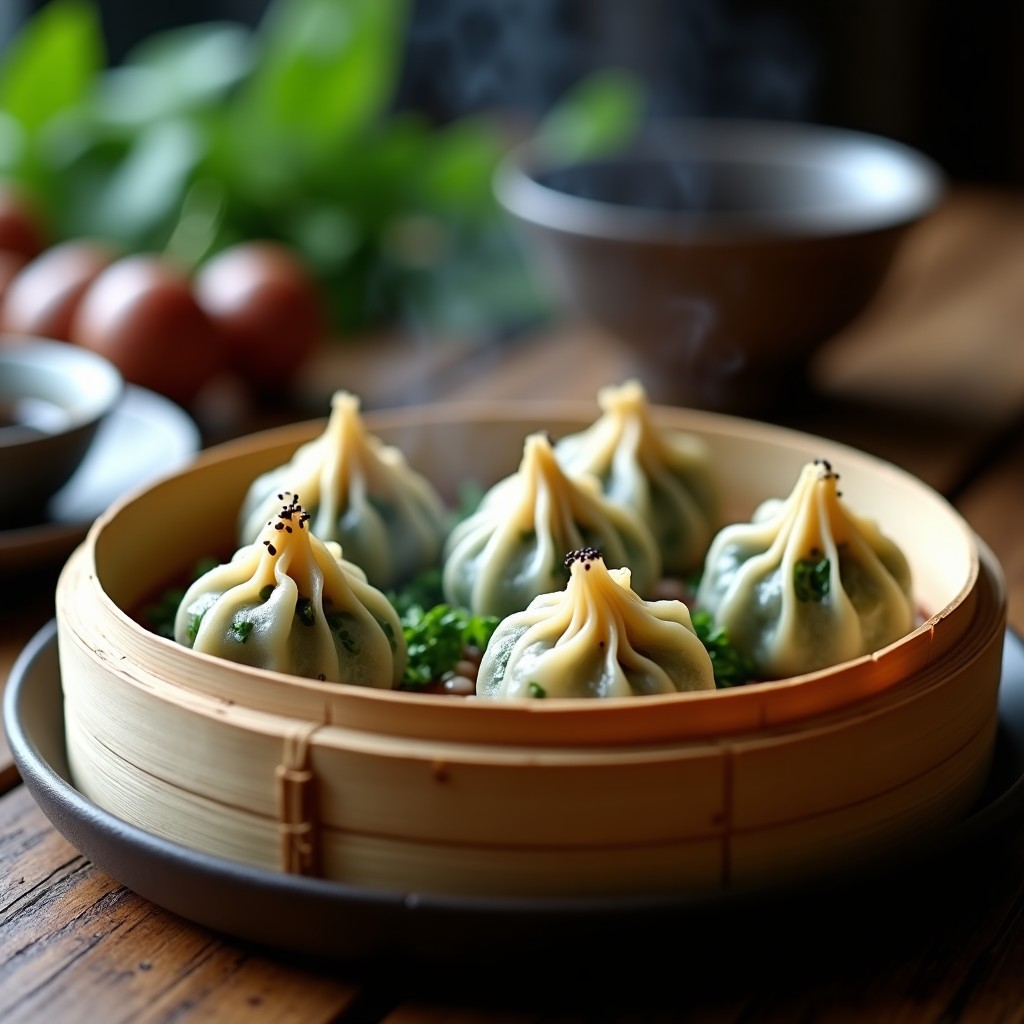 Dumplings al vapor de col rizada y hongos shiitake dispuestos en una vaporera de bambú, con textura translúcida y relleno visible. Acompañados de semillas de sésamo negro y salsa de soja, sobre un fondo de madera oscura.