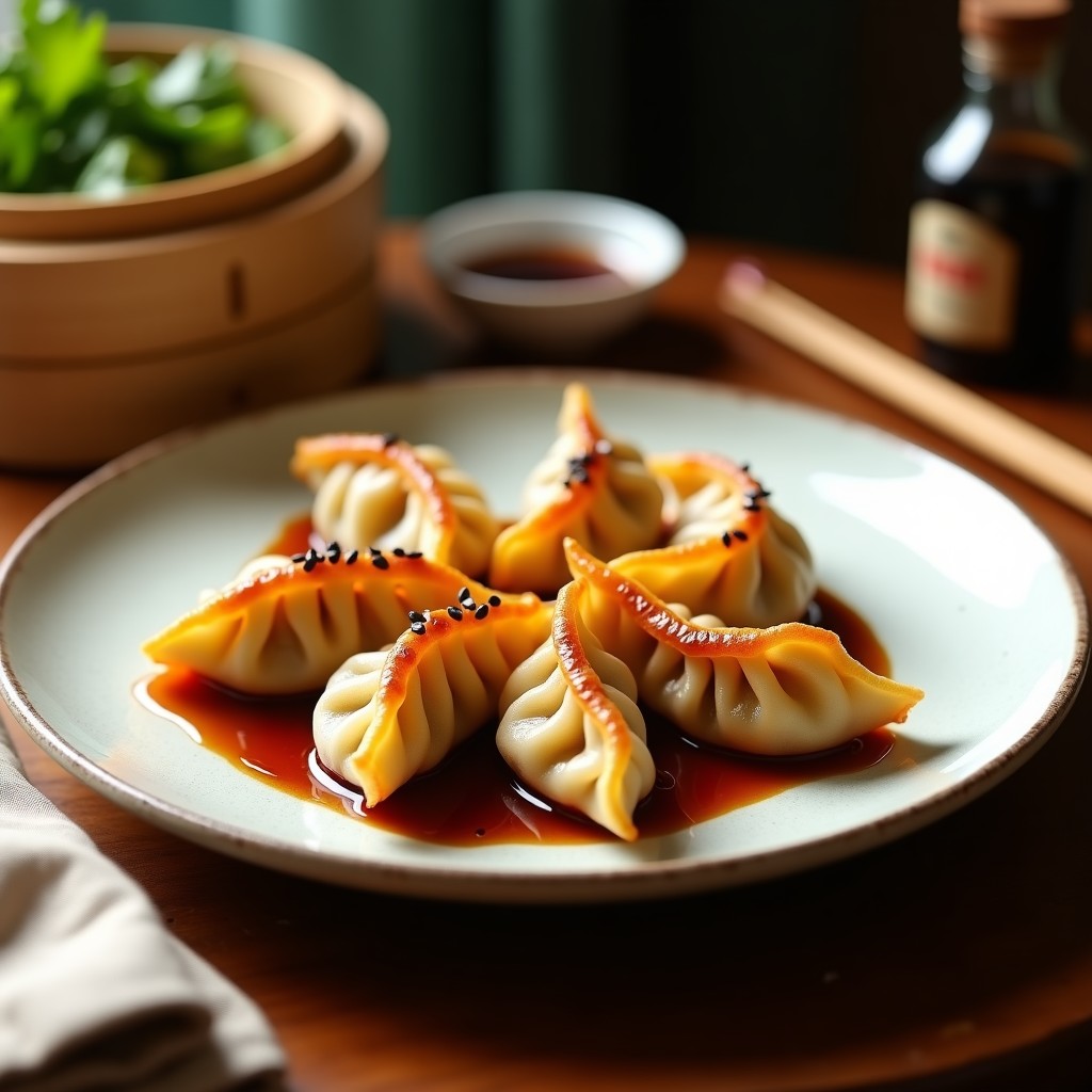Dumplings dorados y crujientes de col rizada y zanahoria en una fuente de madera, con salsa de tamari y jengibre espesa y brillante, decorados con semillas de sésamo negro y cebollino picado, receta china en Airfryer sin fritura.
