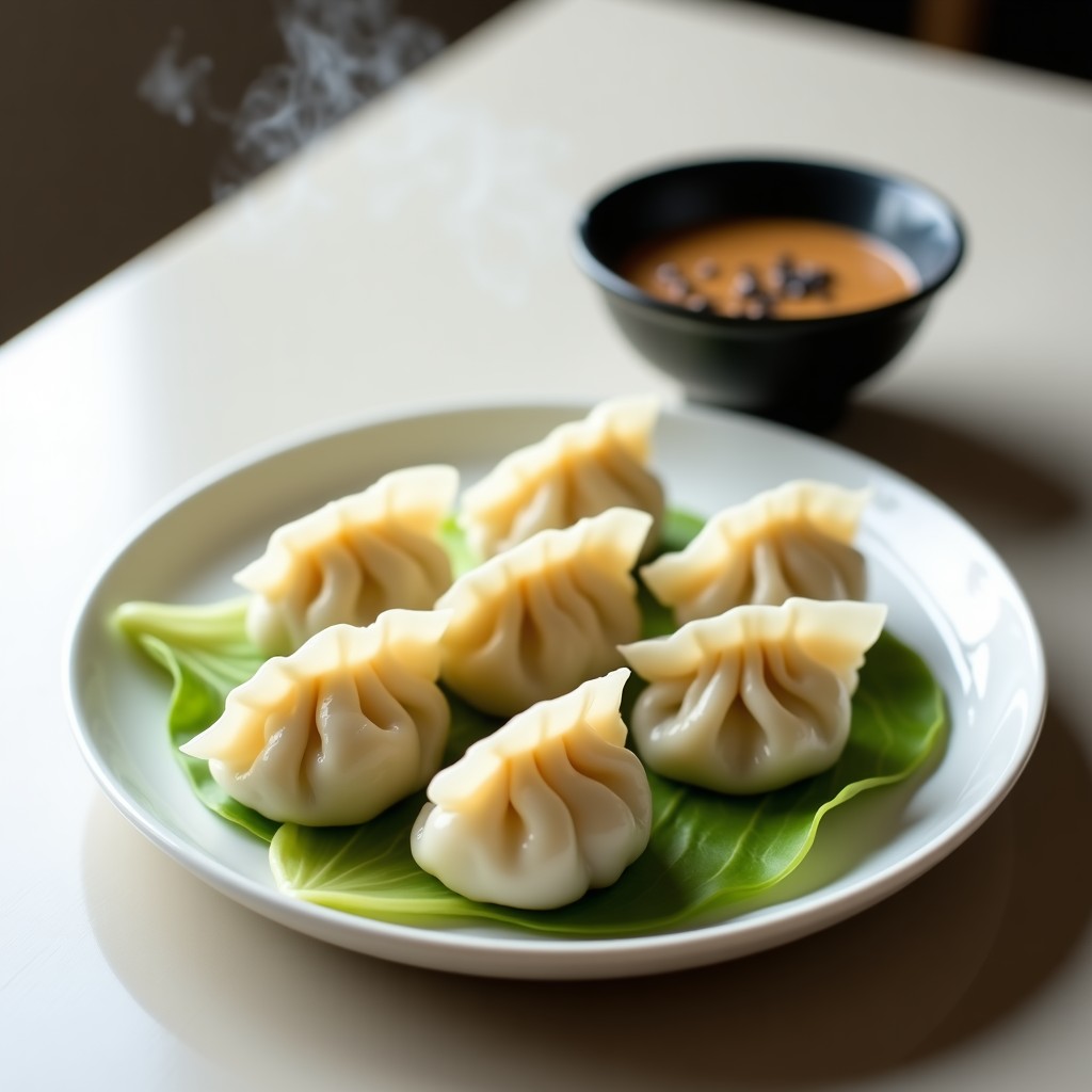 Dumplings japoneses al vapor de coliflor y hongos shiitake, servidos en un plato de cerámica blanca con salsa de sésamo y miso vertida encima. Decorados con semillas de sésamo negro y cebolla morada en juliana.