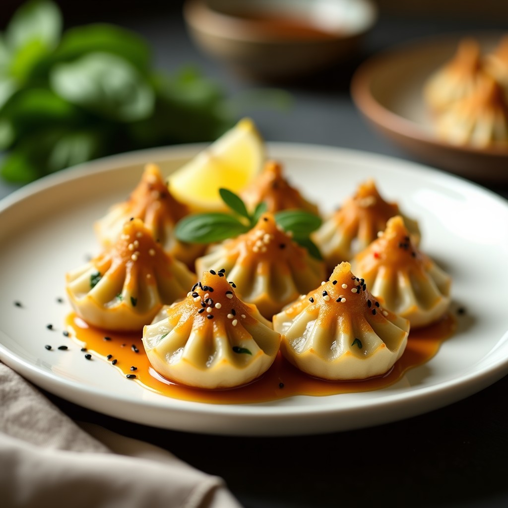 Plato blanco con dumplings de espinaca y tofu dorados por la base, dispuestos en círculo. Salsa de sésamo y limón brillante vertida por encima, decorados con semillas de sésamo negro y rodajas de limón. Fondo de cocina minimalista con toques de verde de espinacas.