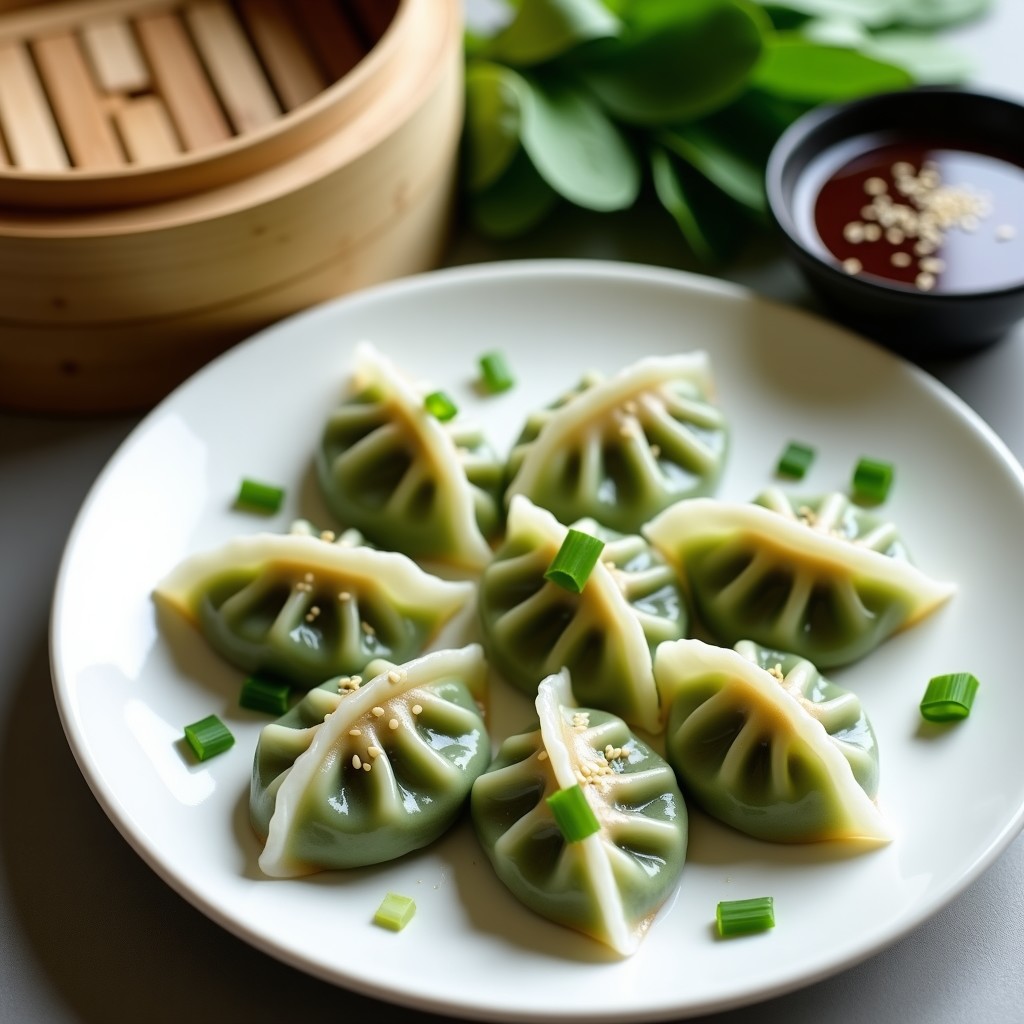 Plato blanco con dumplings de espinaca y tofu al vapor, brillantes y bien sellados, dispuestos en círculo. Acompañados de una salsa oscura de soja baja en sodio con semillas de sésamo espolvoreadas. Fondo minimalista con vapor visible y hojas de espinaca fresca como decoración. Receta china saludable y vegana.