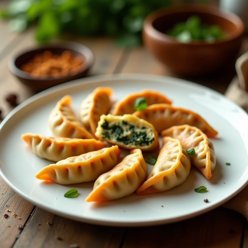 Dumplings dorados y crujientes de espinacas y queso paneer servidos en un plato de cerámica blanca con chutney verde al lado, receta india en airfryer y alta en hierro.