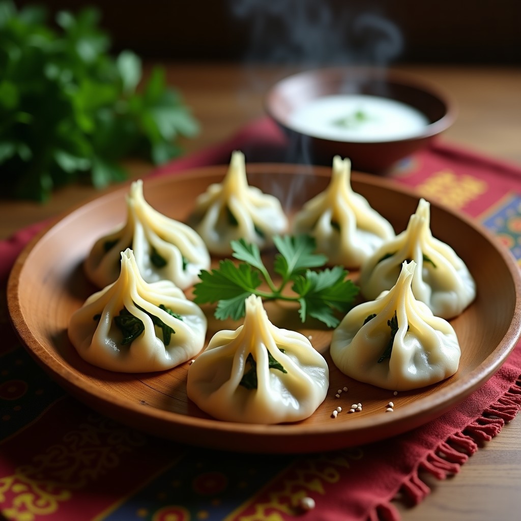 Plato de bambú con gyelma tibetana al vapor, dumplings de masa gruesa rellenos de espinacas y queso yak, decorados con semillas de sésamo y cilantro fresco, sobre fondo de tela tradicional tibetana.